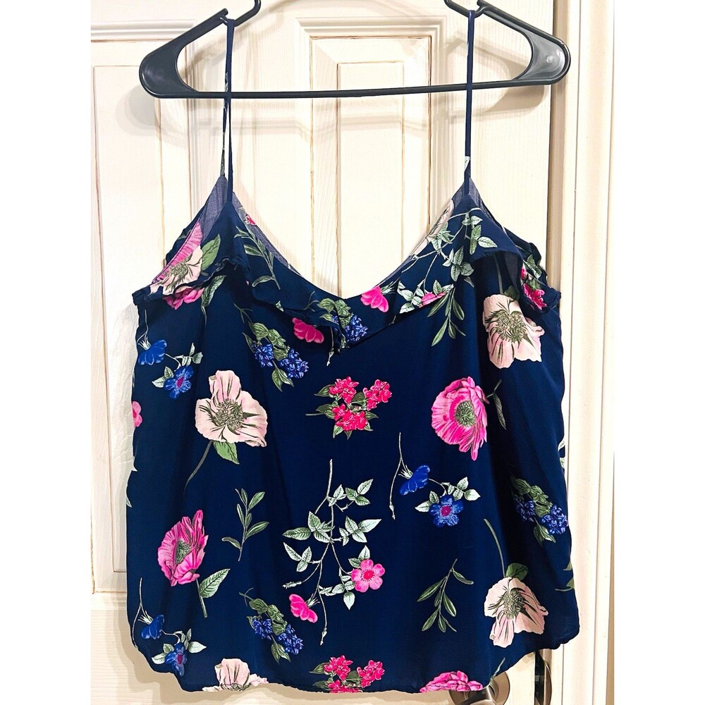 Old Navy Women’s Large Navy Floral Ruffle Cami Tank Top Rayon V-Neck EUC